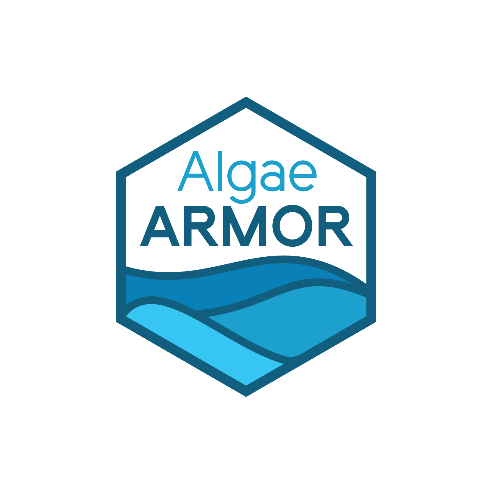 Logo for Algae Armor featuring a hexagonal shape with wave-like lines inside and the text "Algae ARMOR" in blue.