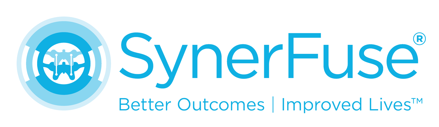 Logo of SynerFuse with a stylized icon of a DNA helix surrounded by concentric circles and the tagline "Better Outcomes | Improved Lives".
