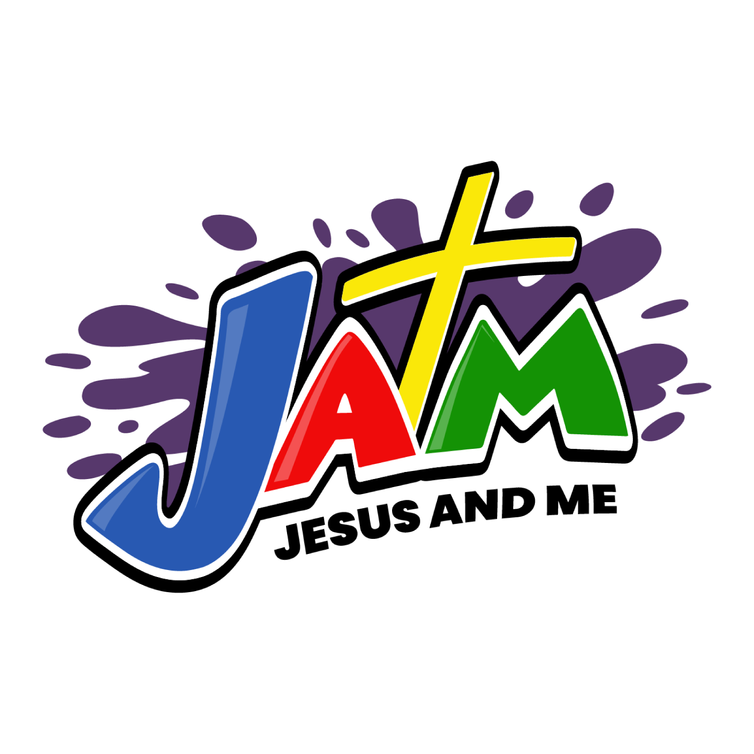 Colourful logo with the word "JAM" in large letters, each letter in a different colour (blue, red, green) with a yellow cross on top, and the text "Jesus and Me" below.
