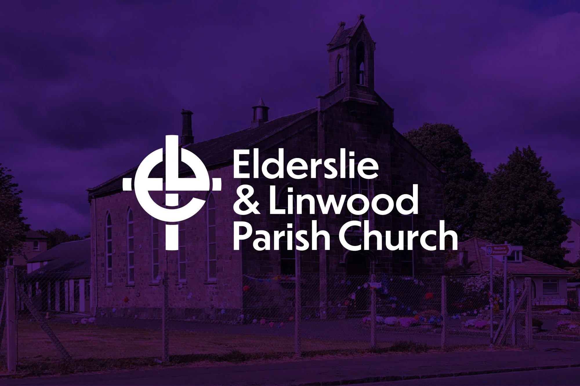 A church building with a purple gradient background, featuring a cross logo and text that reads 'Elderslie & Linwood Parish Church.'