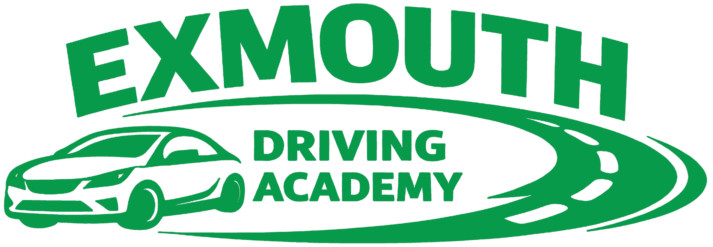 Logo for Exmouth Driving Academy featuring a stylized car and a winding road in green.