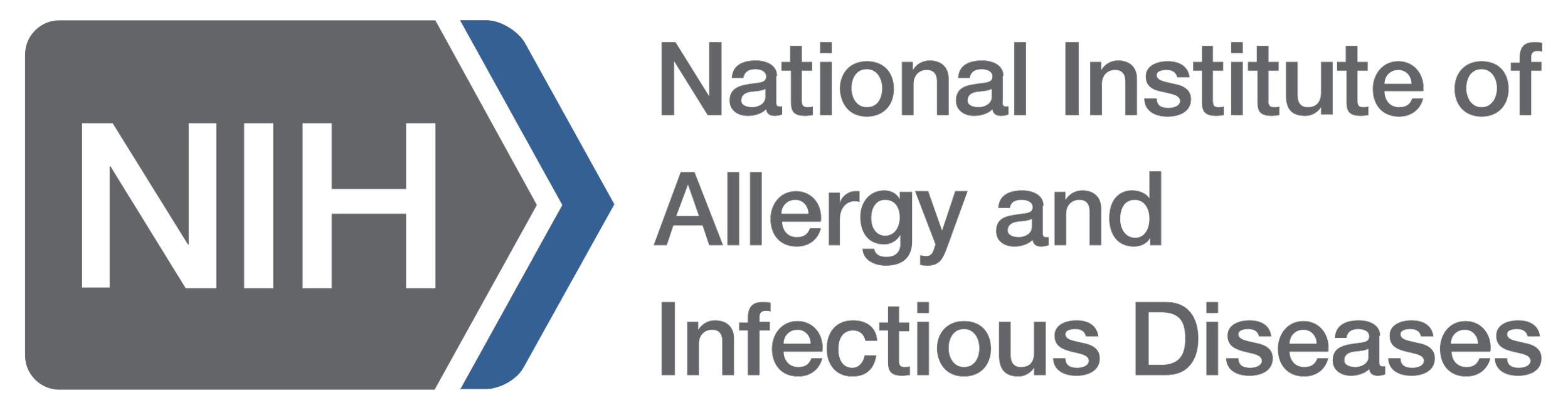 Gray rectangle with the right side coming to a point. In the rectangle in white in all caps are the letters N,I,H. To the right in gray, it reads, "National Institute of Allergy and Infectious Diseases."