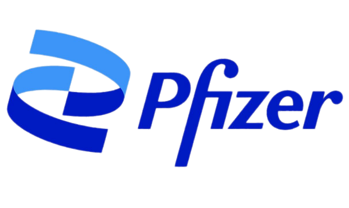 2 lines in light and dark blue that look like ribbons curving around something. To the left in dark blue is the word Pfizer.