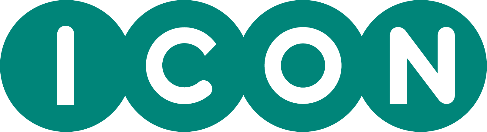 The company name Icon in white in all caps in a rounded font. A teal green circle surrounds each letter.