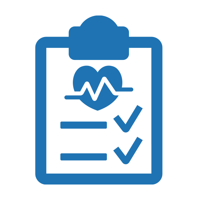 Vector graphic of a clipboard with 2 check marks and a heart with heartbeat lines across it.