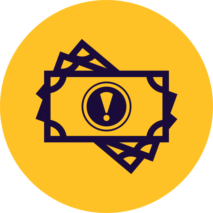Illustration of three dollar bills with an exclamation mark inside a circle on the front bill, indicating a warning or alert related to money.
