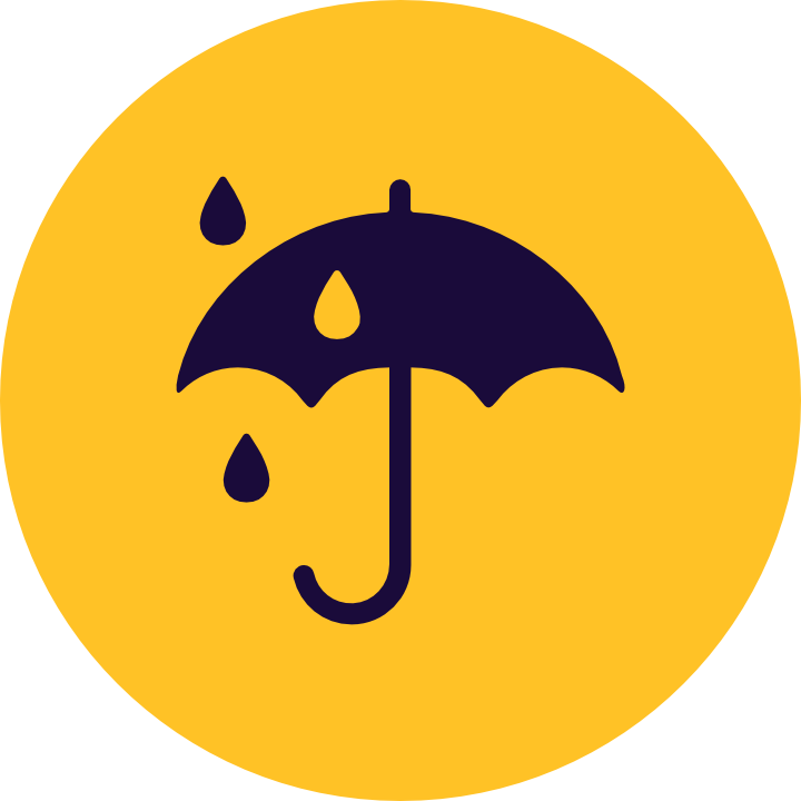 Icon of a black umbrella with water drops inside a yellow circle.
