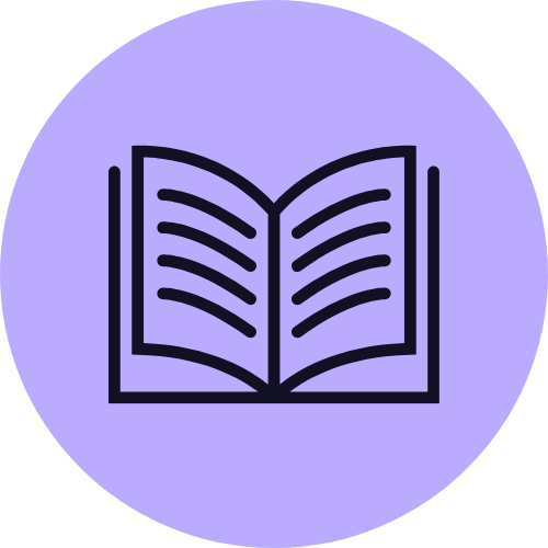 Icon of an open book with lined pages inside a lavender circular background.