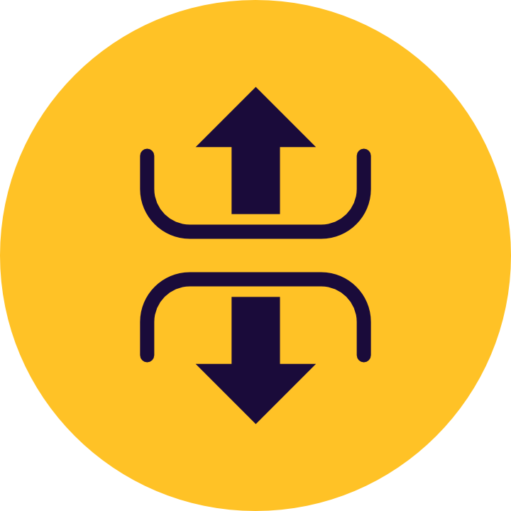 Sign indicating two-way arrow, one pointing up and one pointing down, with curved lines indicating bidirectional flow, on a yellow circular background.