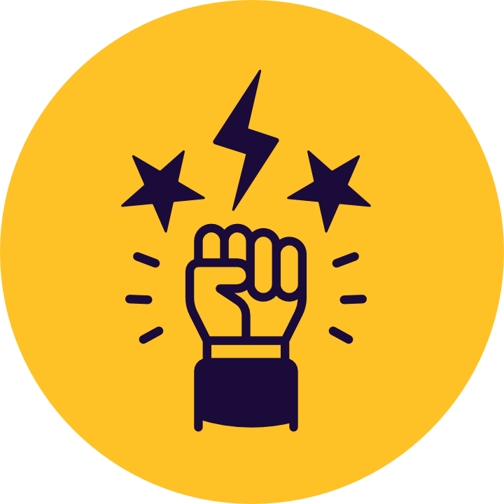 A fist raised with lightning bolt and stars around it on a yellow circular background, symbolizing power and energy.