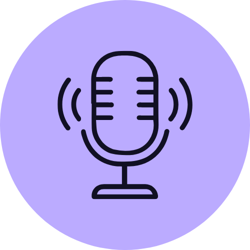 Icon of a microphone with sound waves on a purple circular background.