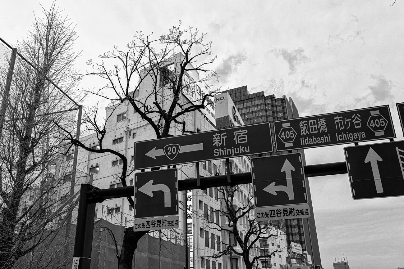 Black and white photo of city street signs with directions to Shinjuku, Iidabashi, and Ichigaya, with leafless trees and tall buildings in the background.