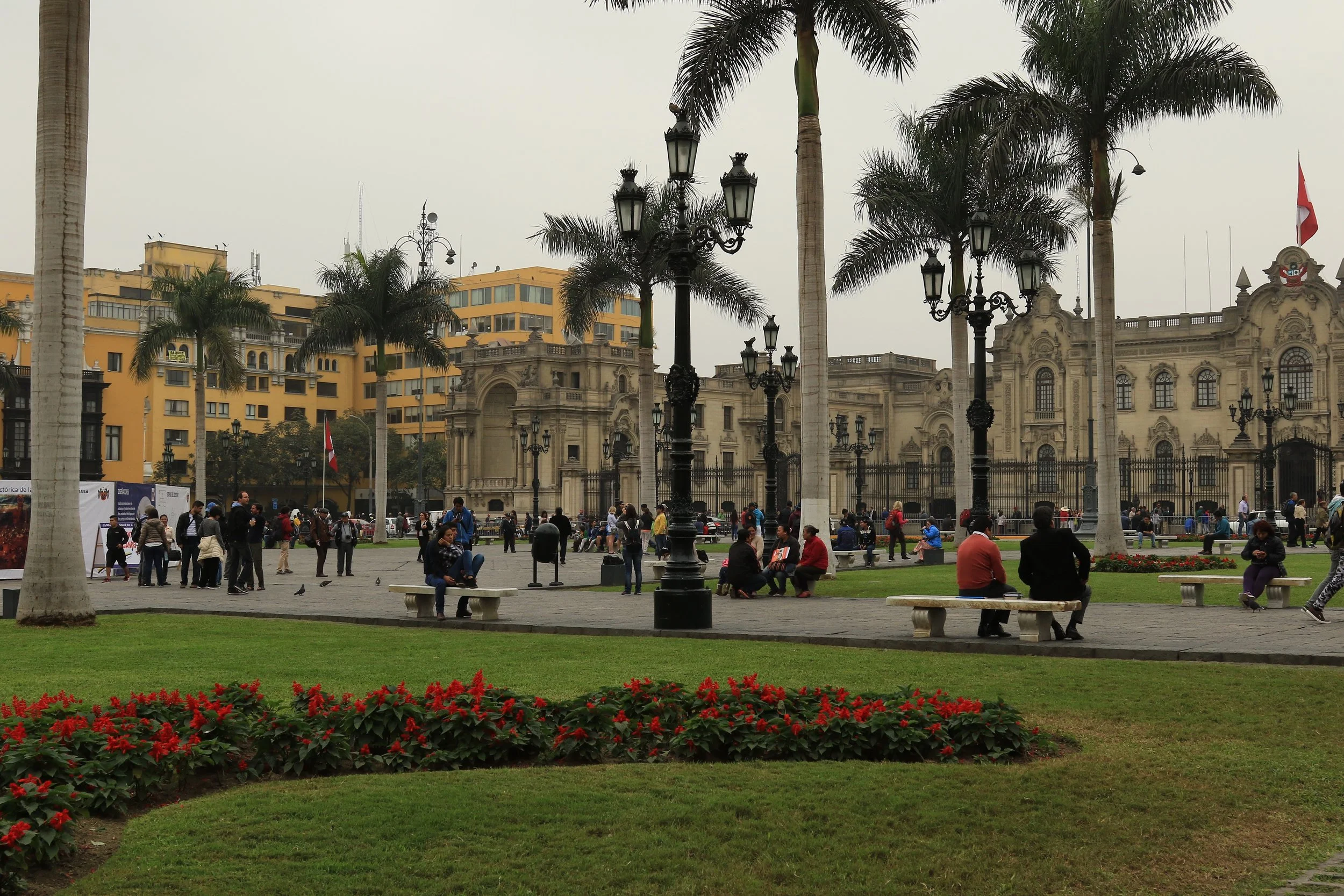 A city park with palm trees, benches, and people walking or sitting, with historical buildings in the background under an overcast sky.
