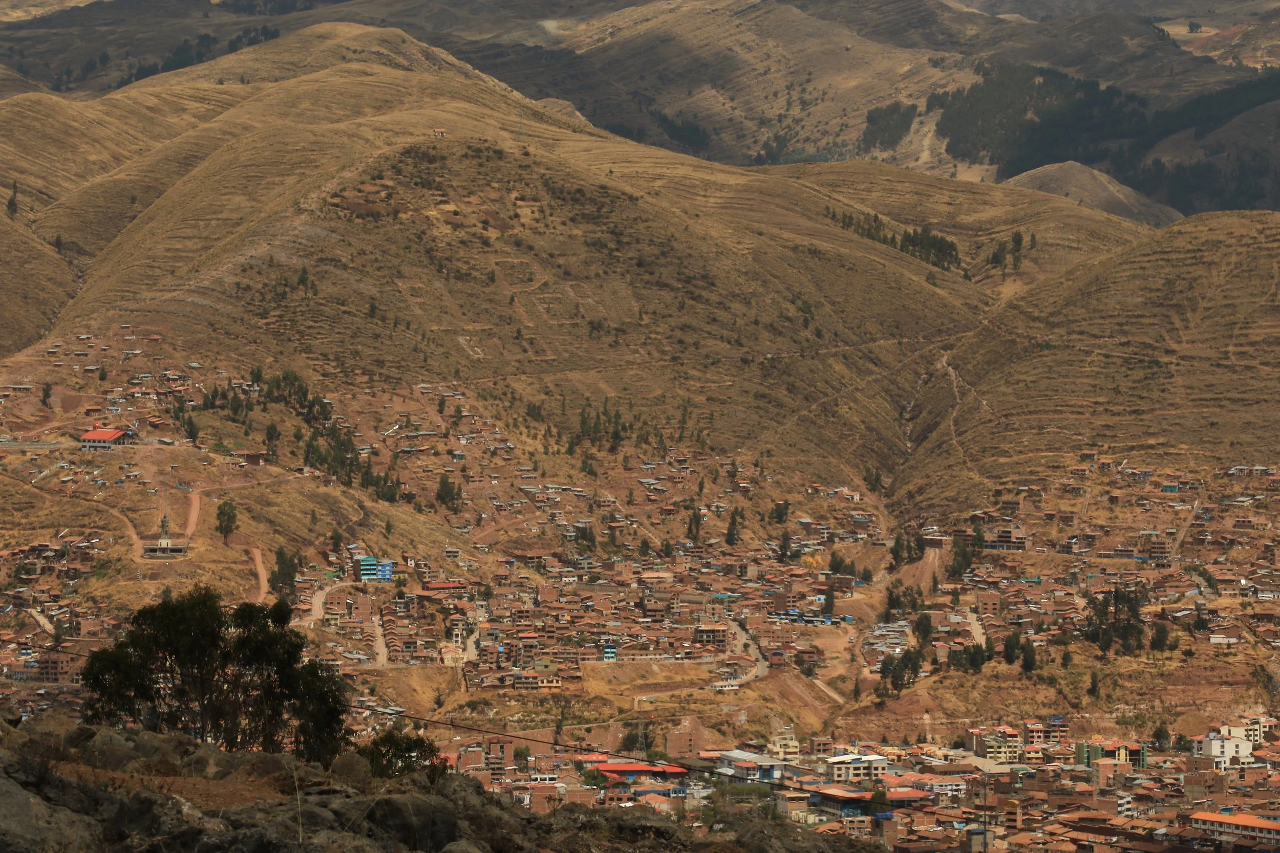 Hilly landscape with a densely packed town on the slopes and base, dry terrain, sparse vegetation, and a few trees in the foreground.