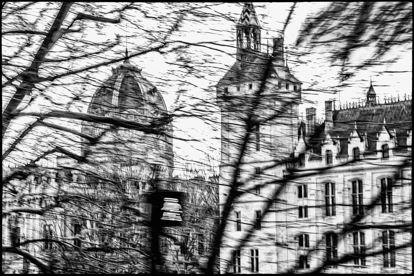 Black and white photograph of European-style buildings with ornate architecture, partially obscured by leafless tree branches and a lamppost in a city scene.