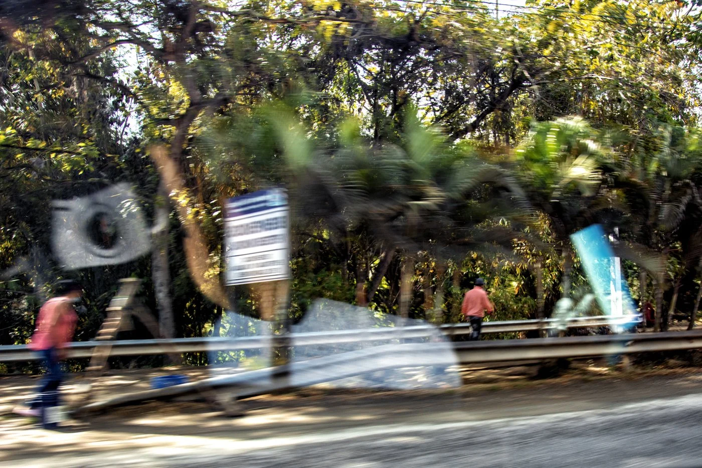 Blurry photo taken from a moving vehicle showing pedestrians walking along a roadside with trees and a guardrail, with reflected objects on the window.