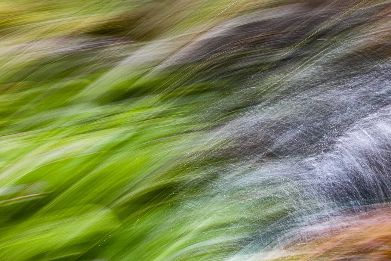 An abstract photo of streaks of green, black, and white colors in a blurred motion effect.