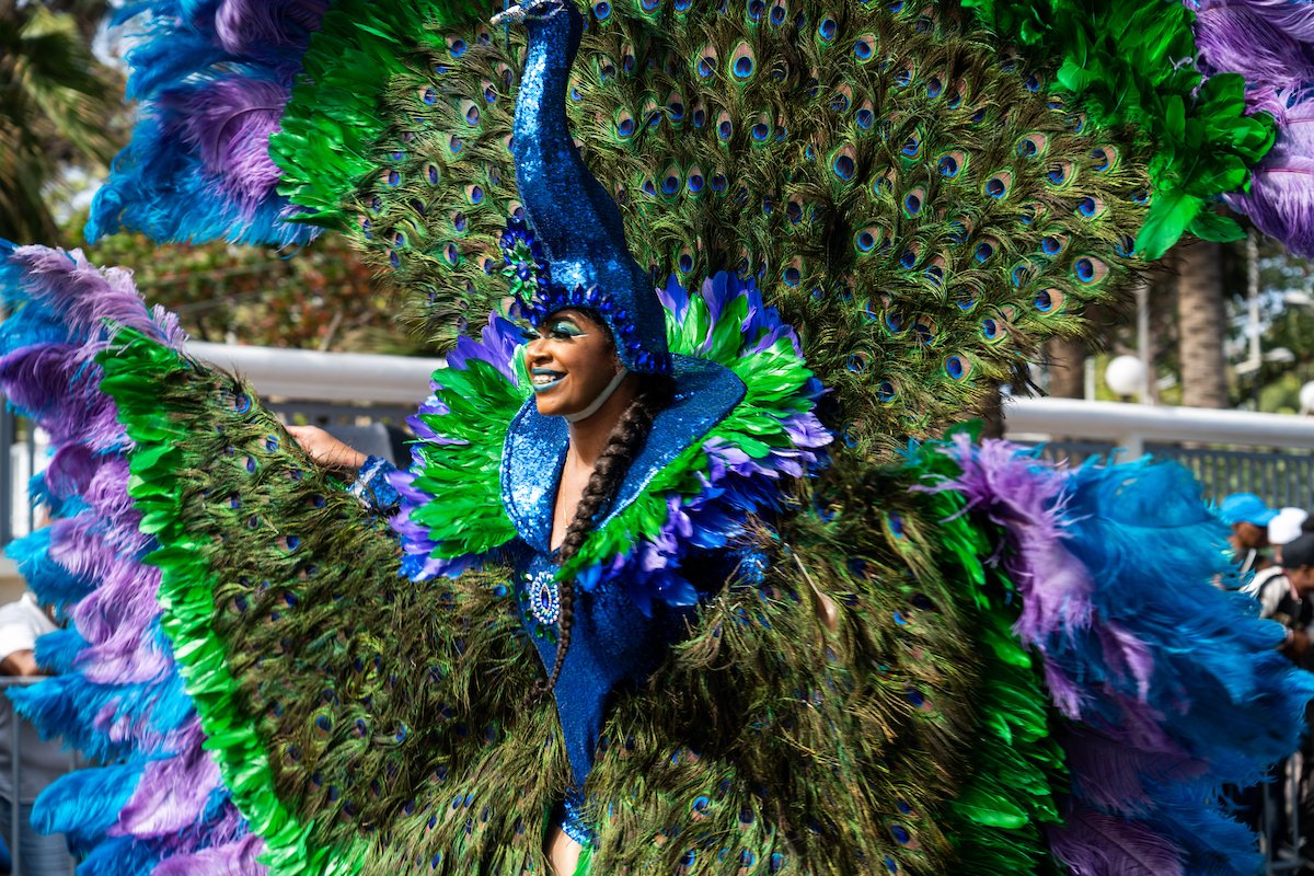 A woman in an elaborate, colorful costume with peacock feather patterns, feathers, and sequins, smiling at a parade or festival.
