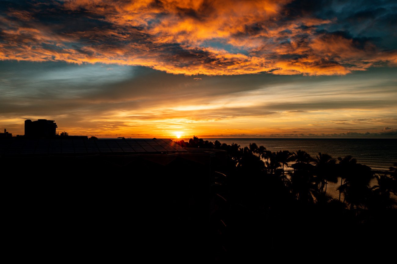 Sunset over the ocean with colorful clouds, silhouetted palm trees, and a building roof in the foreground.