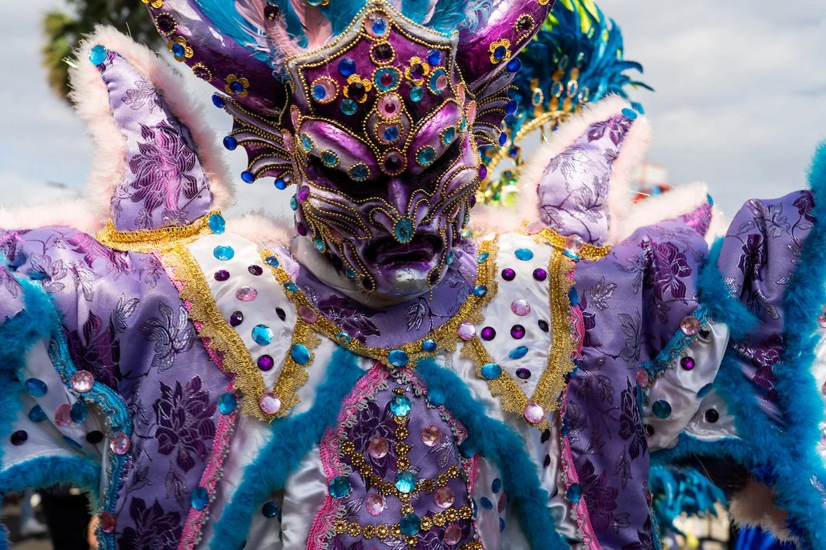 Person dressed in a colorful, ornate costume with purple and blue details, including a decorated mask and elaborate headdress, possibly participating in a carnival or festival.