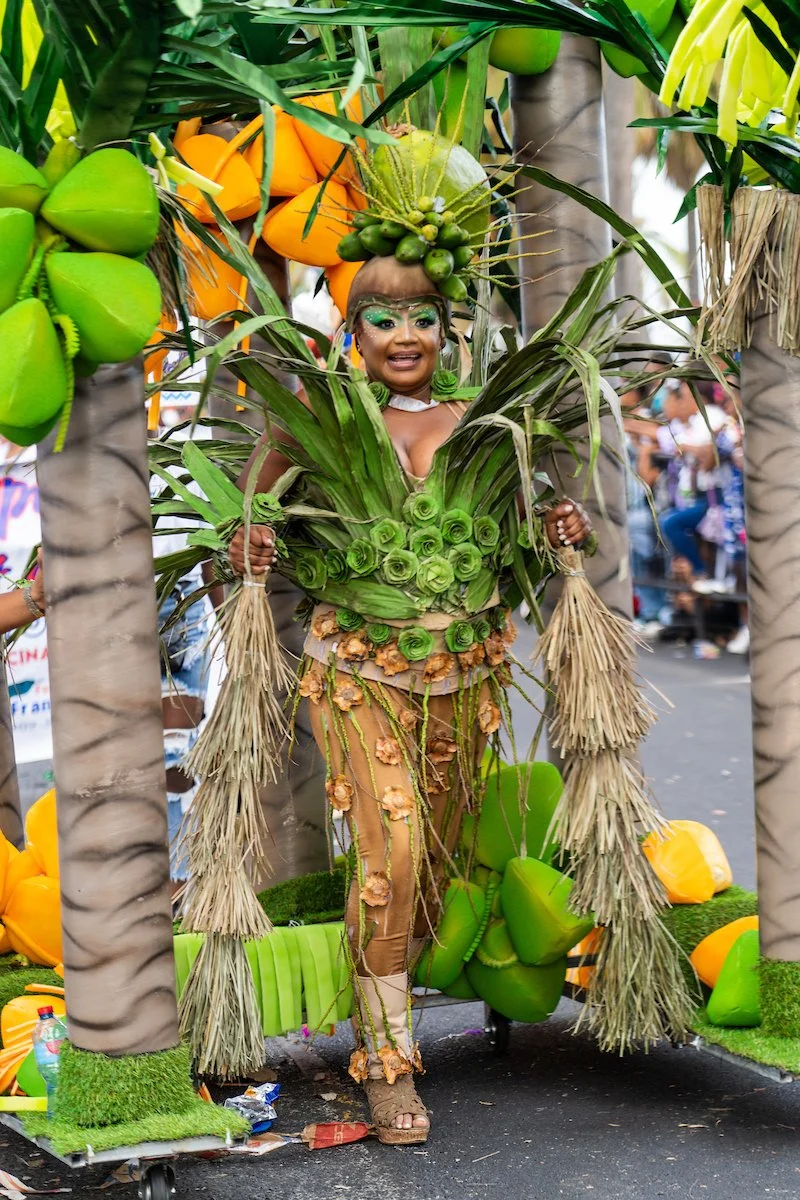 A woman dressed in elaborate tropical-themed costume resembling a banana tree, with large green banana leaves, coconuts, and other fruits. She is smiling and walking in a parade.