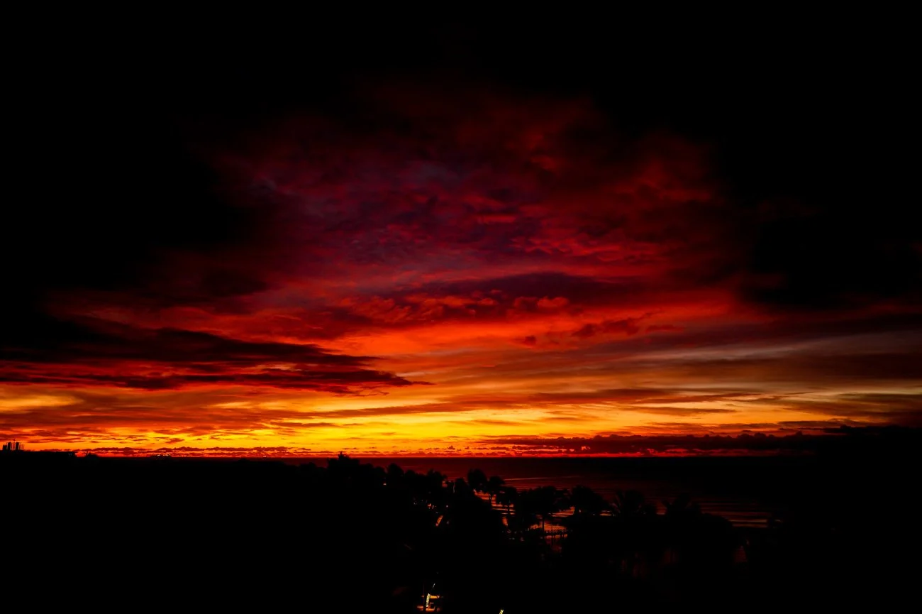 A vibrant sunset with fiery red, orange, and yellow hues over a dark horizon, with silhouettes of trees and buildings in the foreground.