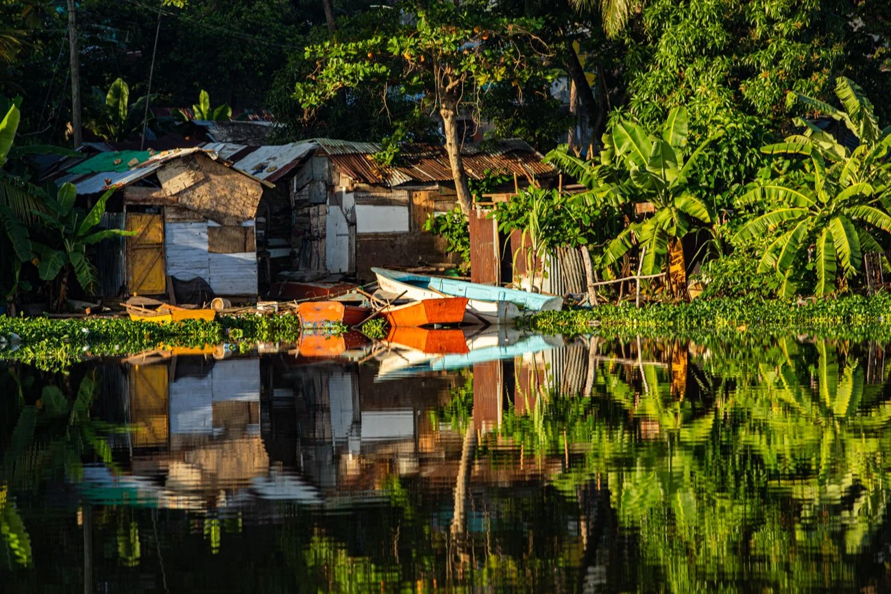 A scene of a small, rustic house with a metal roof, surrounded by dense green banana and other tropical plants, situated by water that reflects the house and greenery.