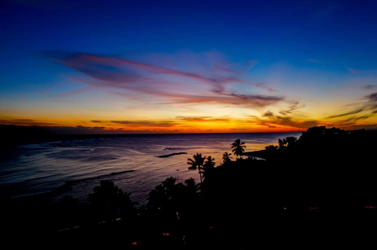 Sunset over the ocean with colorful sky, silhouetted palm trees, and shoreline in the foreground.