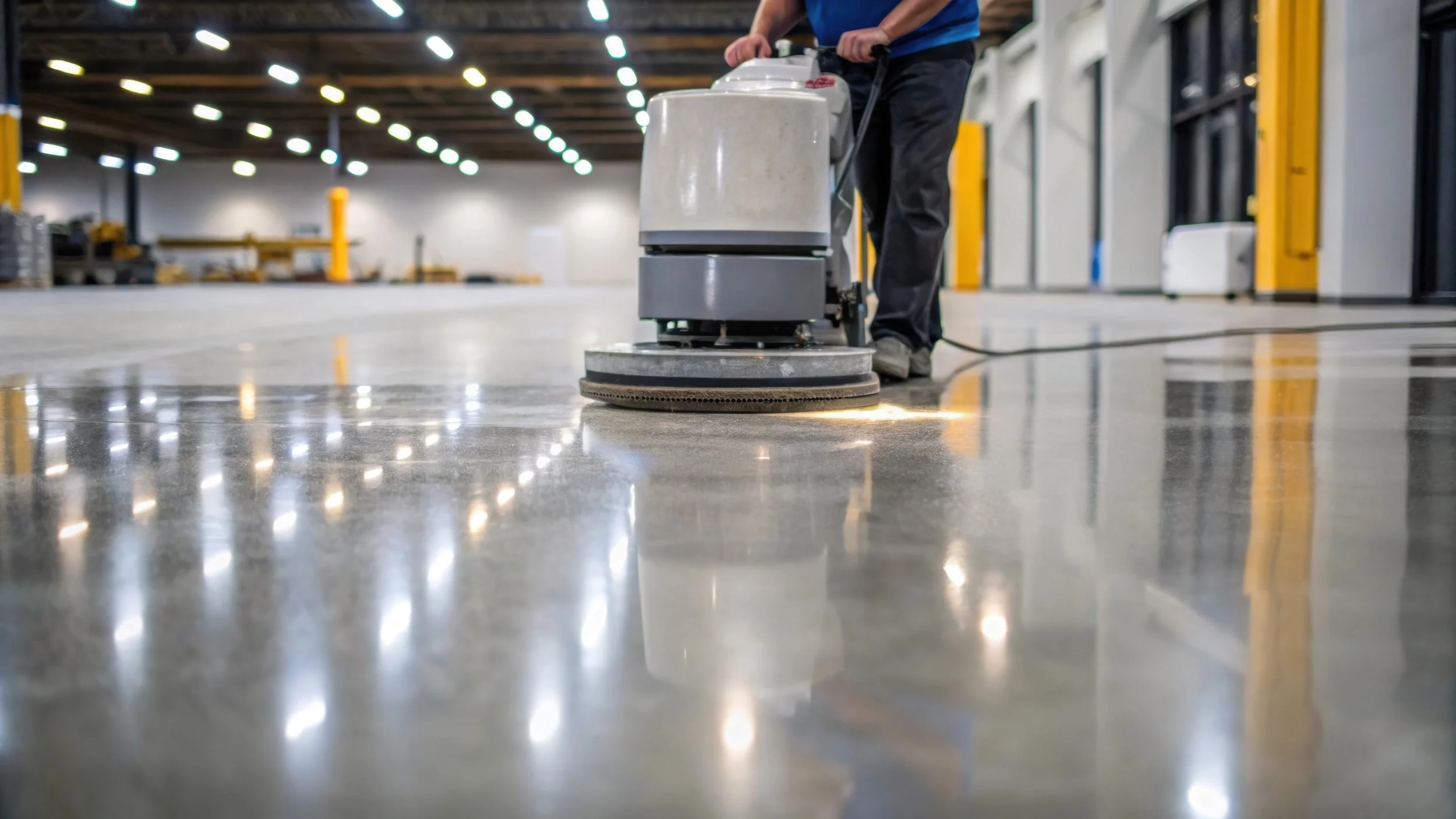 Worker cleaning polished concrete floor in Kansas City warehouse using floor in Kansas City warehouse using floor scrubber after epoxy coating