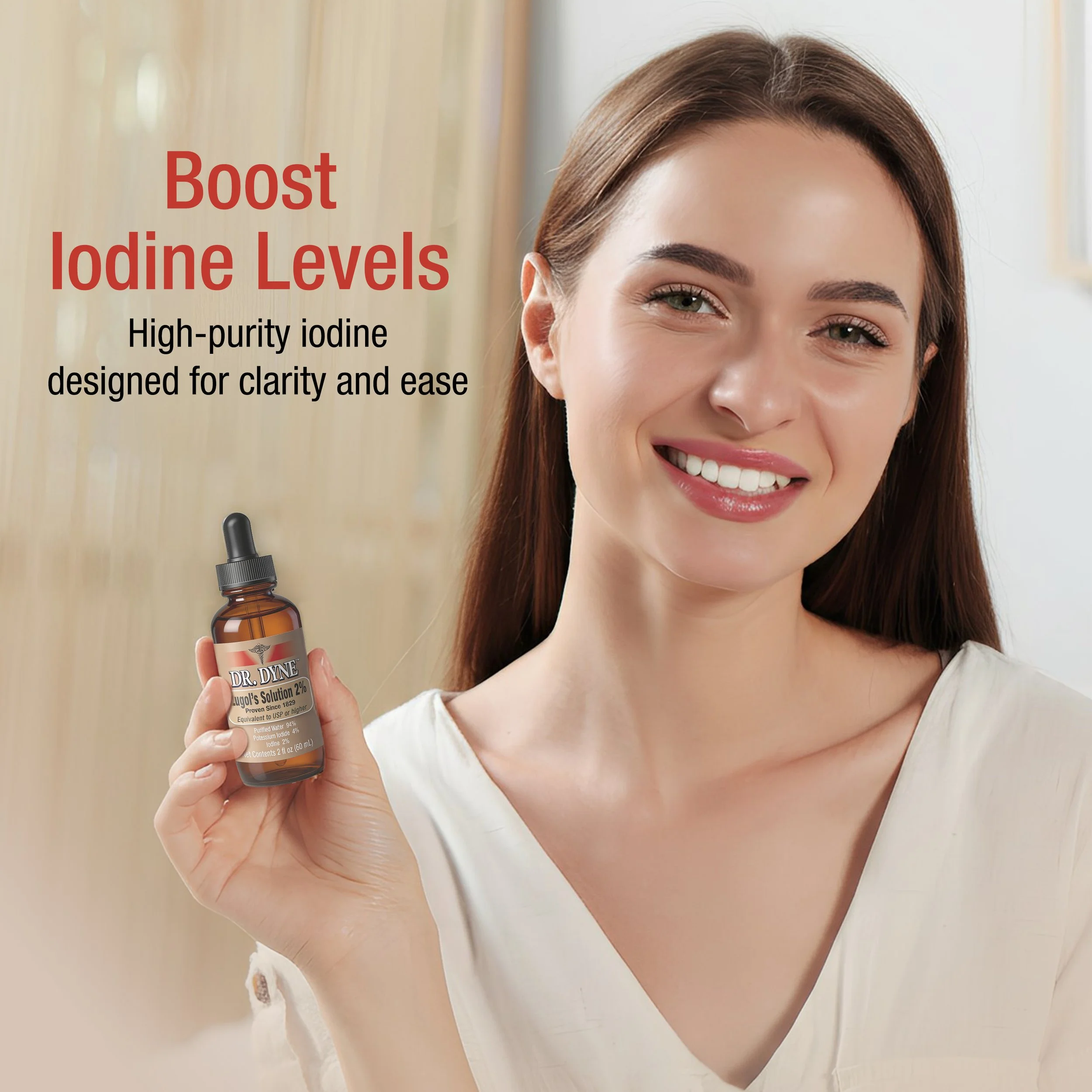A label for Dr. Dyne Lugol's Solution 2% supplement, showing benefits such as supporting healthy thyroid, cognitive function, energy levels, healthy skin, hair, nails, immune system, and metabolism, with silhouette figures of people in different sizes.