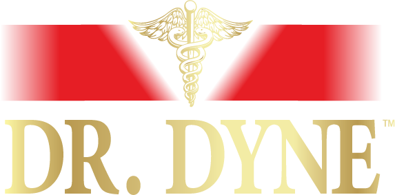 Dr. Dyne logo Red and gold Art Deco style logo with stylized bird figure and geometric design.