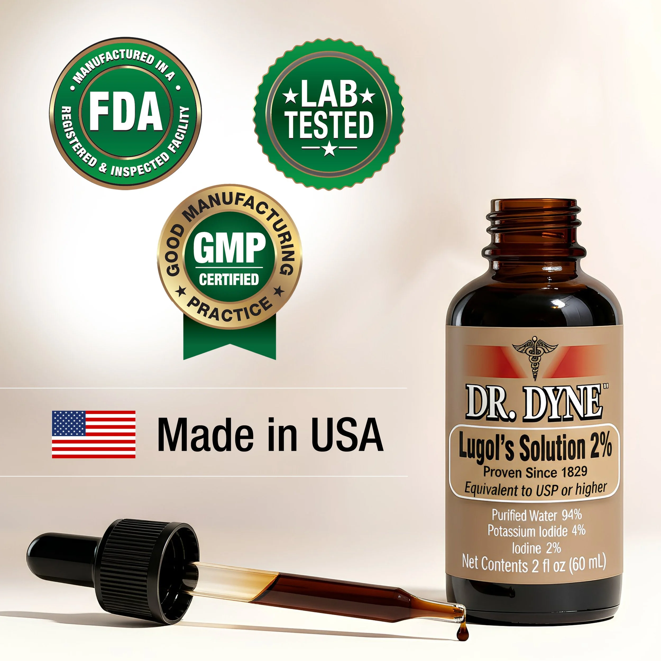 A label for Dr. Dyne Lugol's Solution 2%, showing certification logos including FDA, GMP, and Lab Tested, with an illustration of a brown dropper bottle.