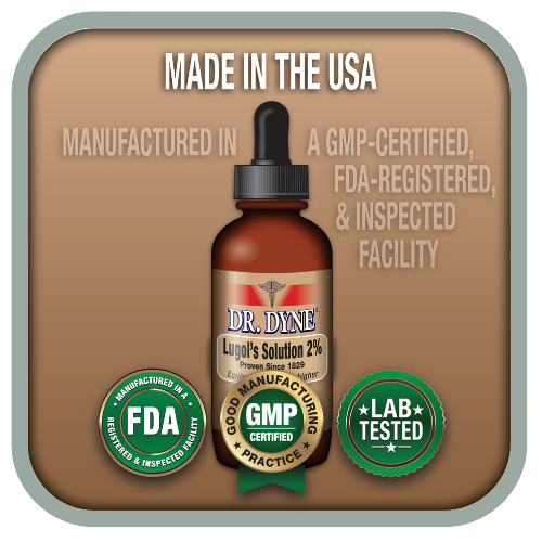 A label for Dr. Dyne Lugol's Solution 2%, showing certification logos including FDA, GMP, and Lab Tested, with an illustration of a brown dropper bottle.