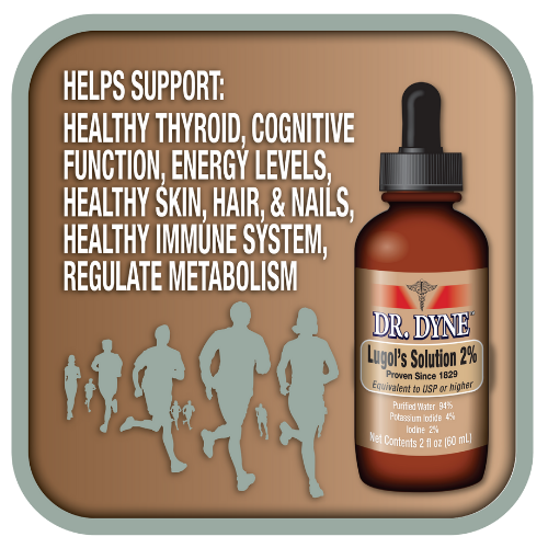 A label for Dr. Dyne Lugol's Solution 2% supplement, showing benefits such as supporting healthy thyroid, cognitive function, energy levels, healthy skin, hair, nails, immune system, and metabolism, with silhouette figures of people in different sizes.