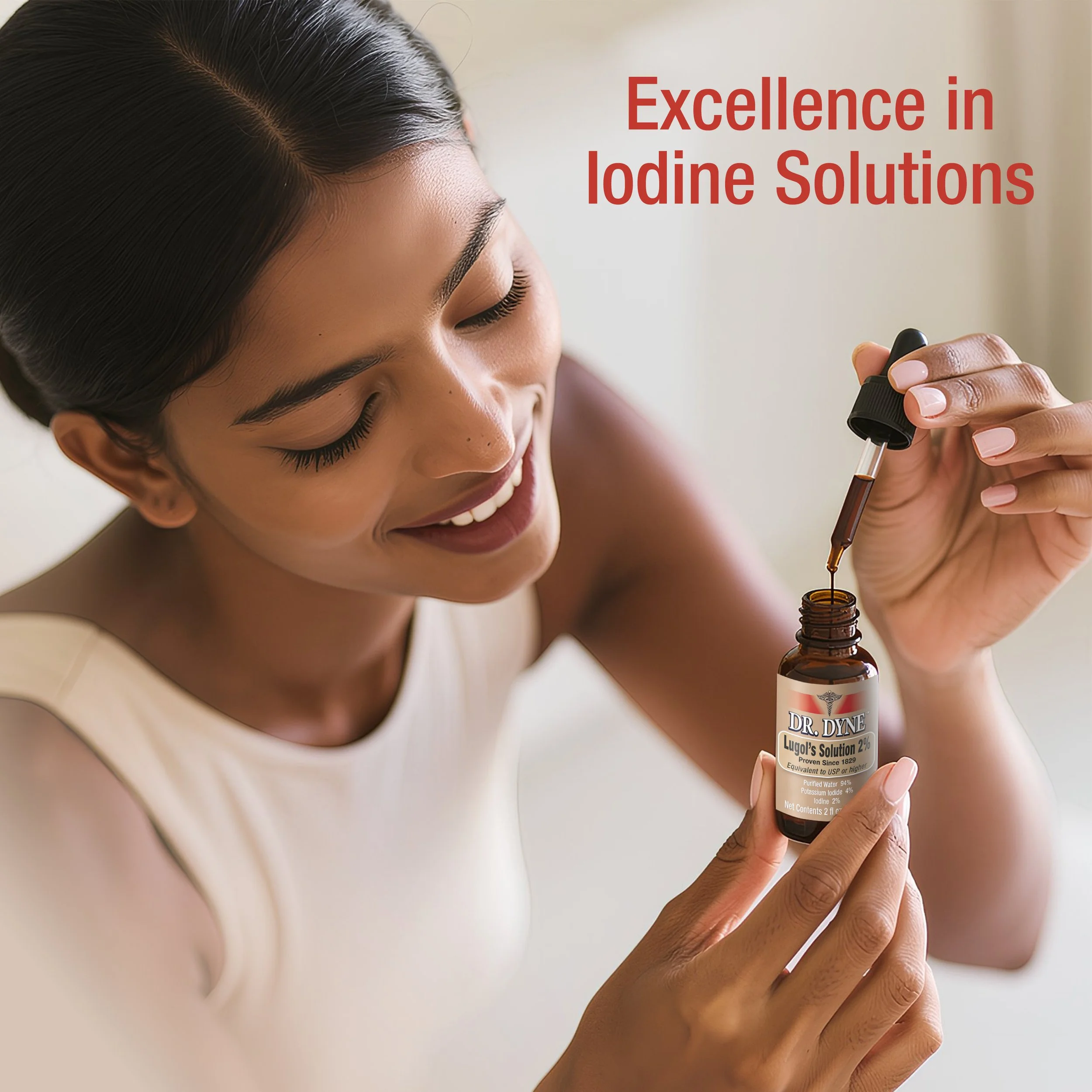 Packaging for Dr. Dyne Lugol's Solution 2%, a disinfectant. The label shows a brown bottle with a dropper cap and illustrations of virus-like shapes, emphasizing disinfectant properties.