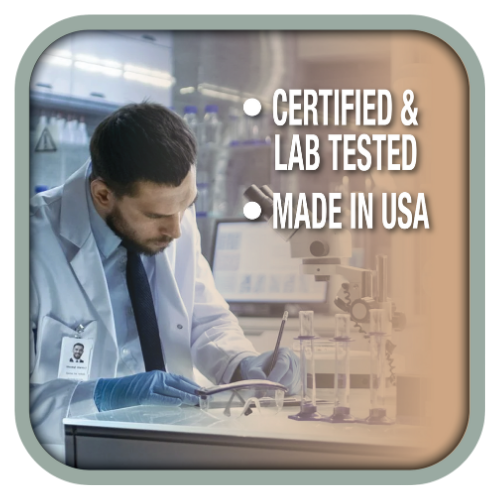 Dr. Dyne Bio 
A scientist in a lab coat working at a lab bench with scientific equipment and test tubes, with text indicating the product is certified, lab tested, and made in the USA.