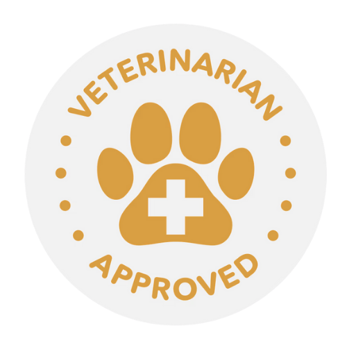 A circular badge with the words 'Veterinarian Approved' around a paw print with a medical cross inside it, indicating approval for veterinary standards.