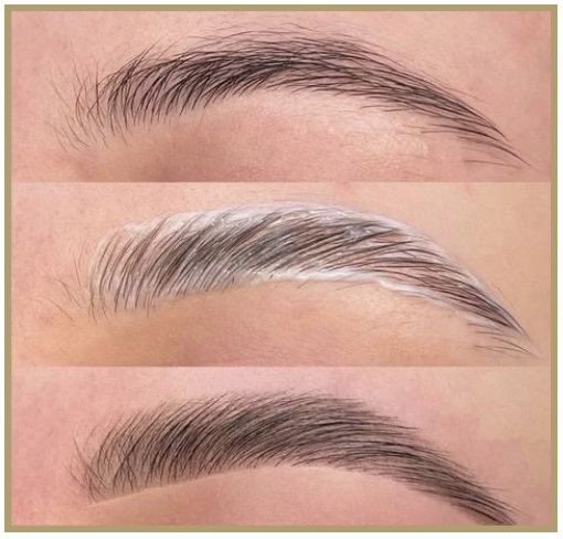 Close-up of three eyebrows showing different grooming and makeup styles, including natural, colored, and filled-in looks.