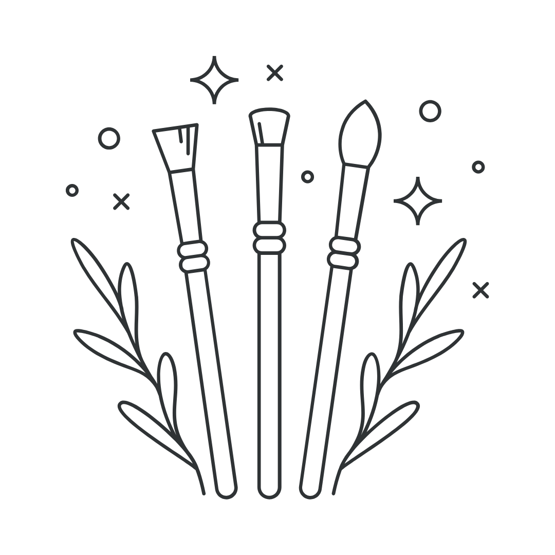 Outline of three makeup brushes with decorative leaves and sparkles.