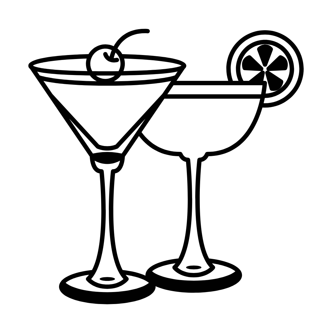 Outline drawing of two cocktail glasses with garnishes, one with a lemon slice, on a black background.