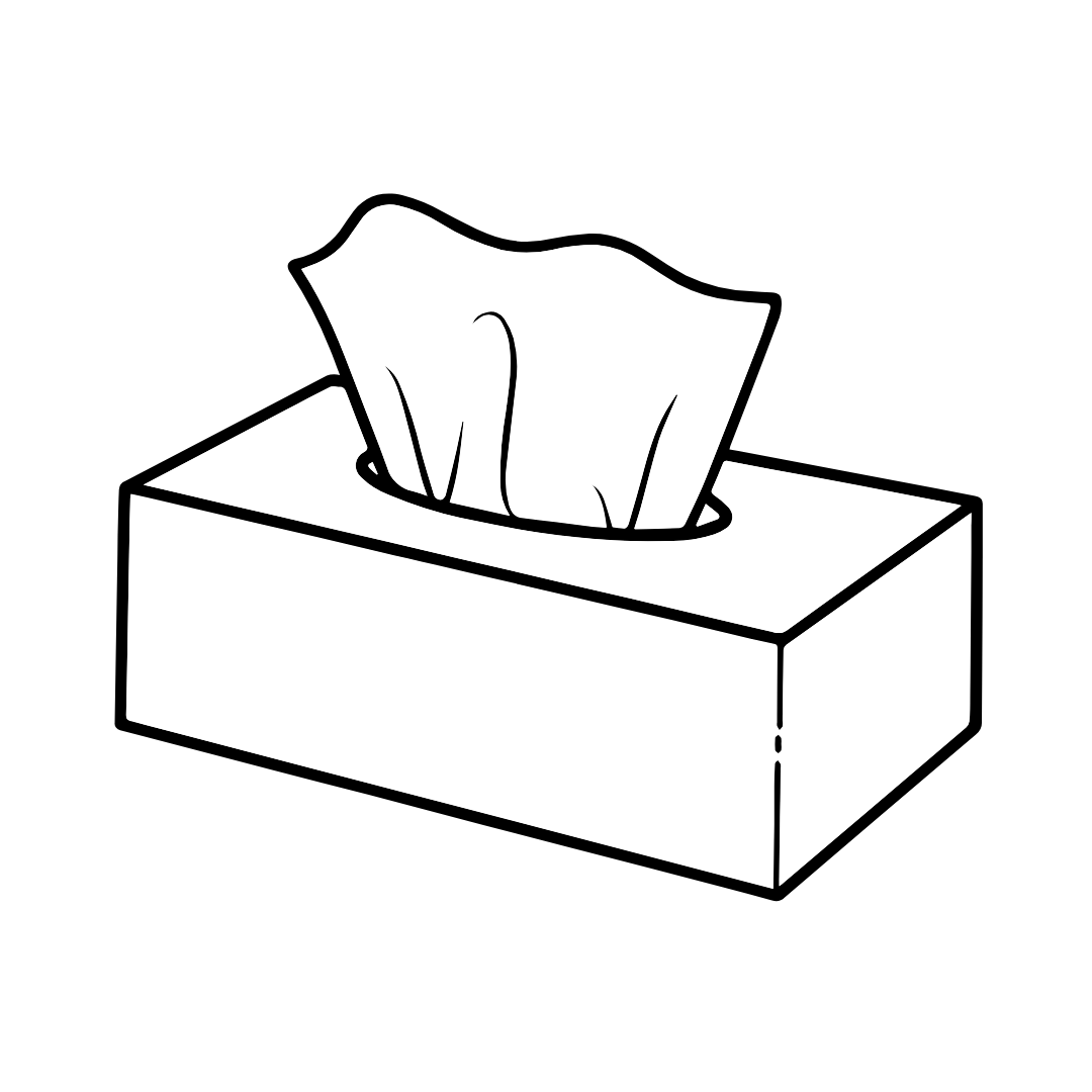 Black and white illustration of a tissue box with a tissue pulled out.