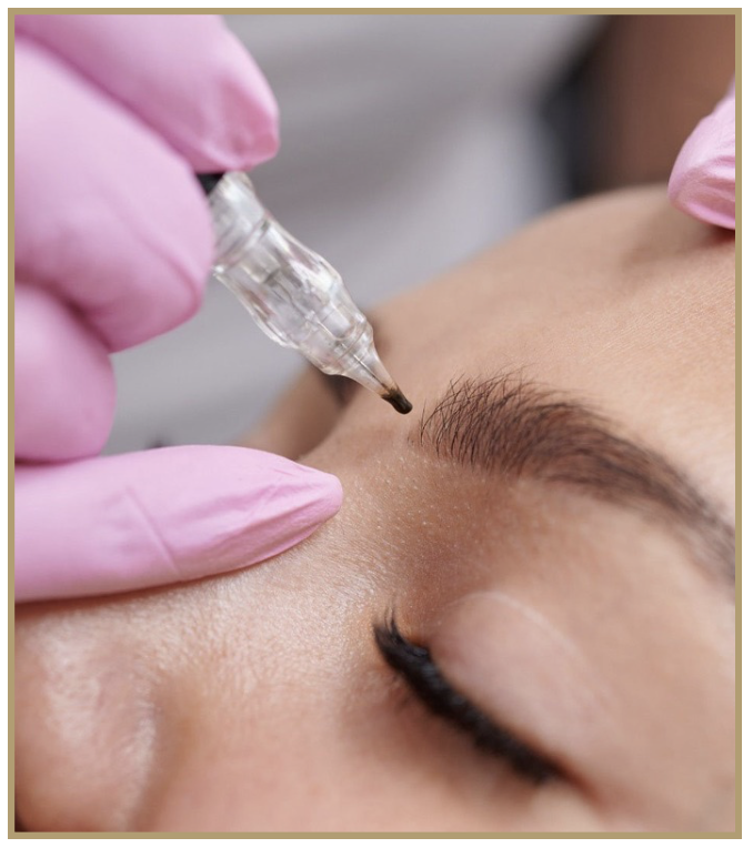 Close-up of a person receiving a cosmetic eyebrow treatment with a syringe, with a technician in pink gloves holding the syringe near the eyebrow.