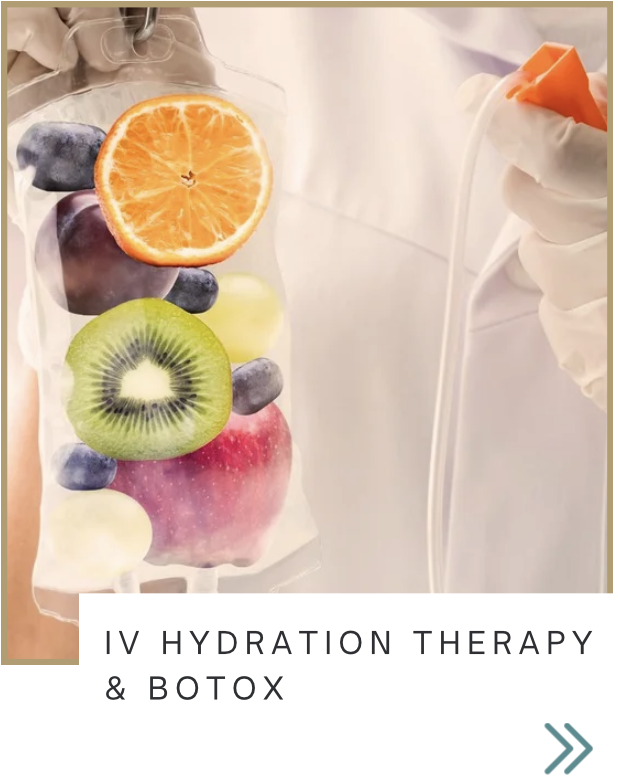 A glass jar containing a multicolored assortment of fruit slices including orange, blueberry, kiwi, apple, and melon, with a person in gloves holding a tube connected to the jar, suggesting IV hydration therapy.