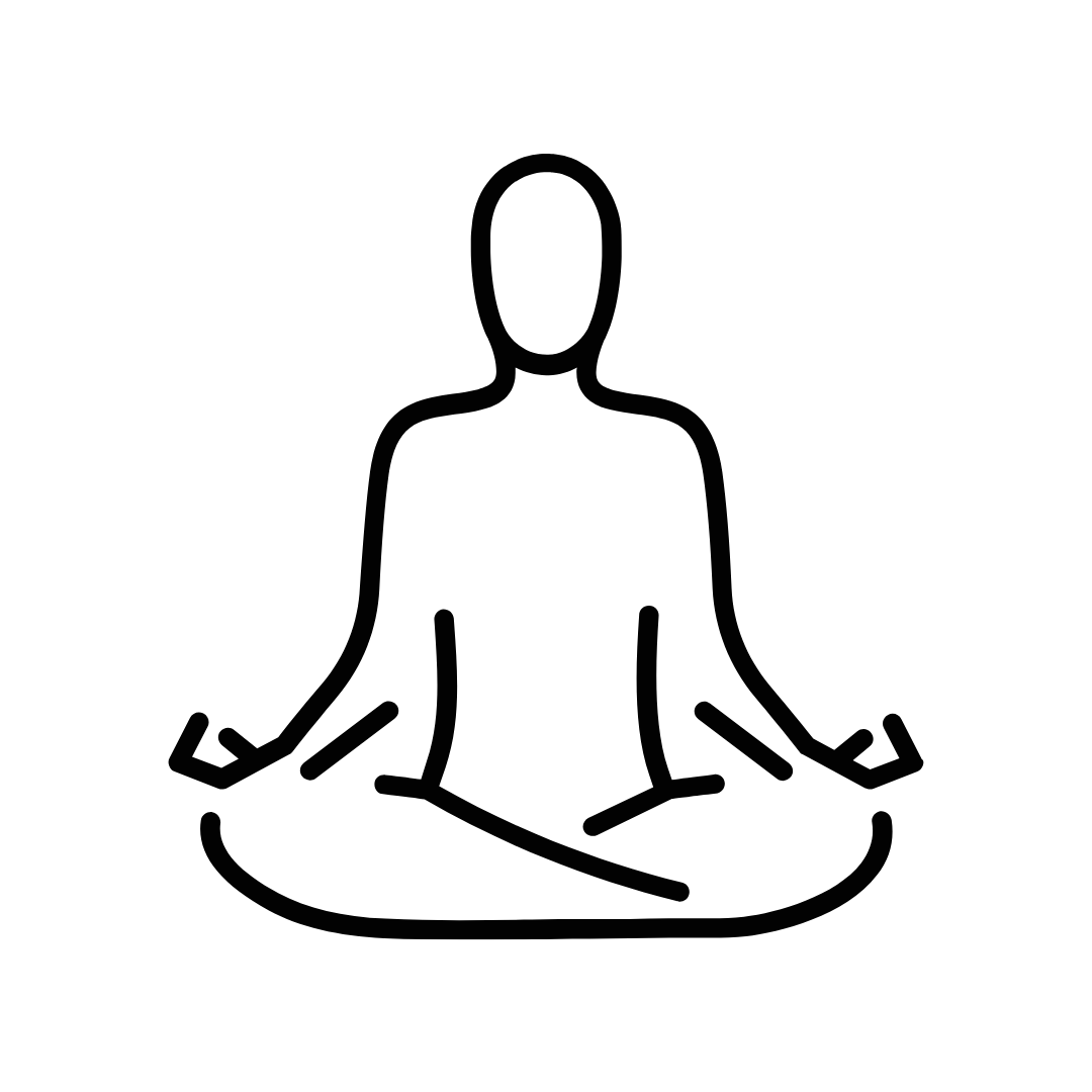 Line drawing of a person sitting in a meditative yoga pose with crossed legs and hands resting on knees.