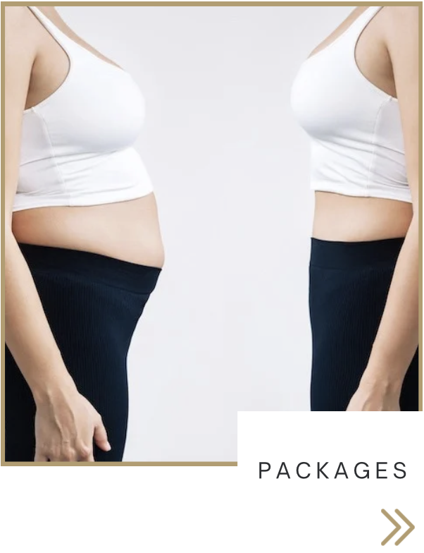 Side-by-side comparison of a woman's abdomen before and after weight loss, wearing white sports bras and black pants, with the word 'PACKAGES' in the bottom right corner.