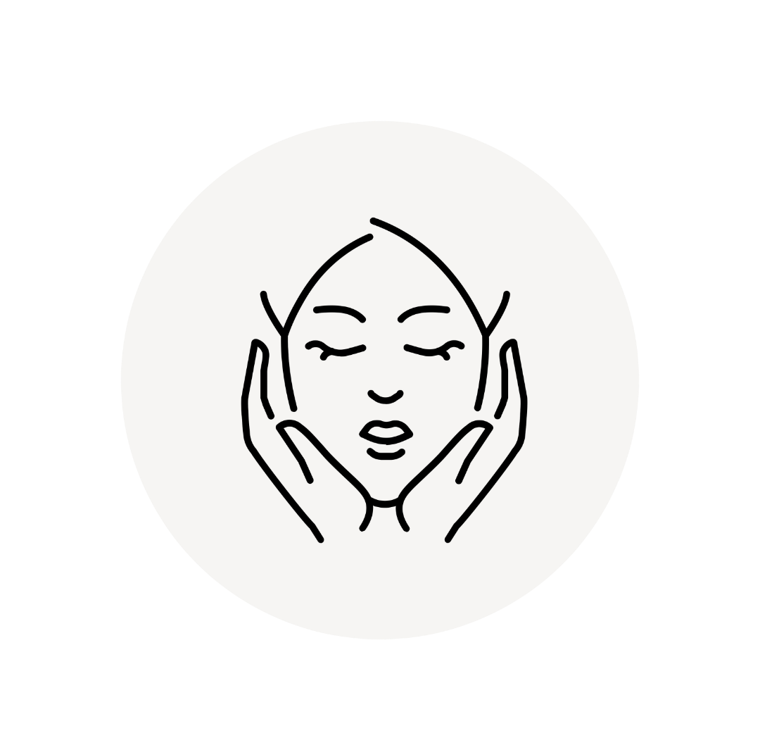 Line drawing of a woman with closed eyes, gently touching her face with both hands.