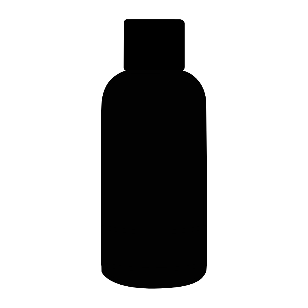 Silhouette of a coffee mug with a curved handle and a small coffee streak on top, viewed from the side.