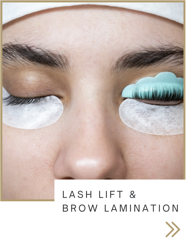 Close-up of a person's face with makeup pads under their eyes and a technician applying eyelash lift and brow lamination with a turquoise tool