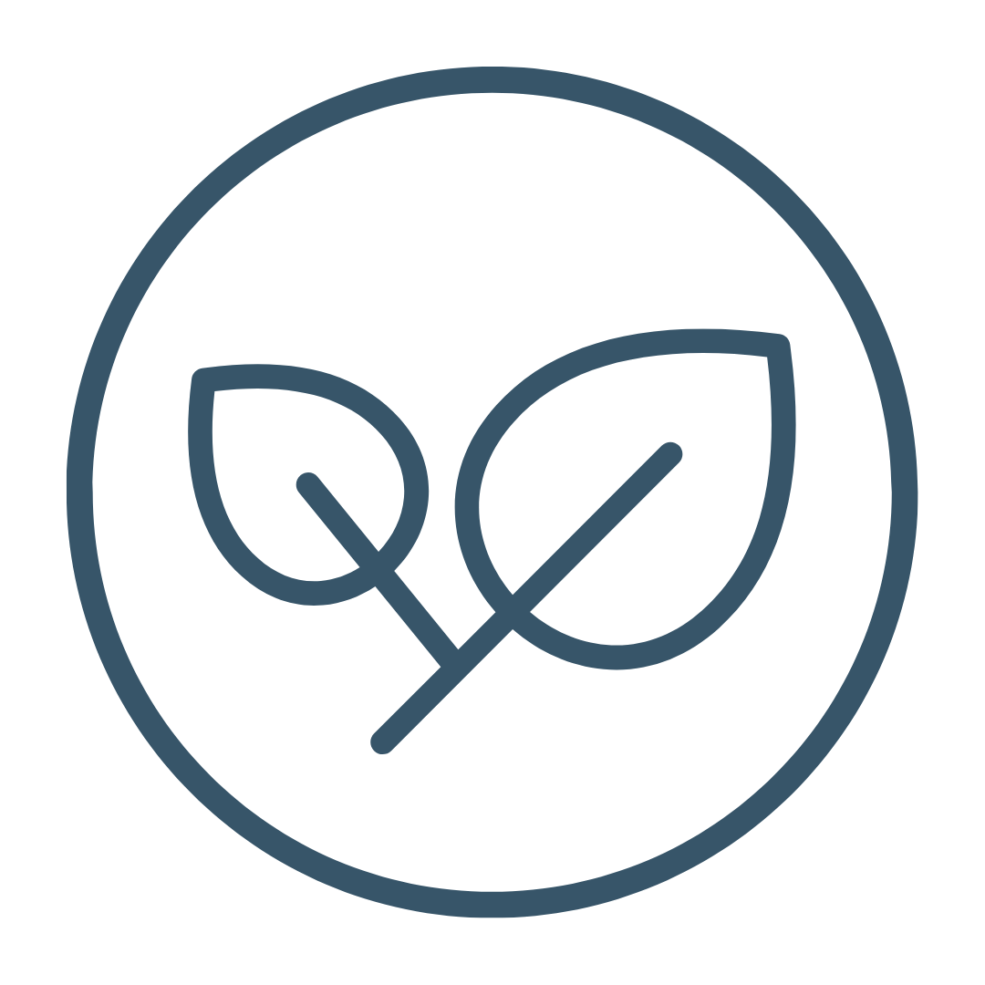 Minimalist icon of a circle with two leaves inside.