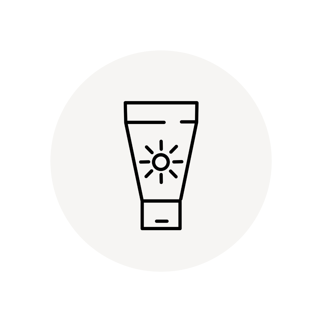 Line drawing of a sunscreen tube with a sun icon on it, indicating sun protection.